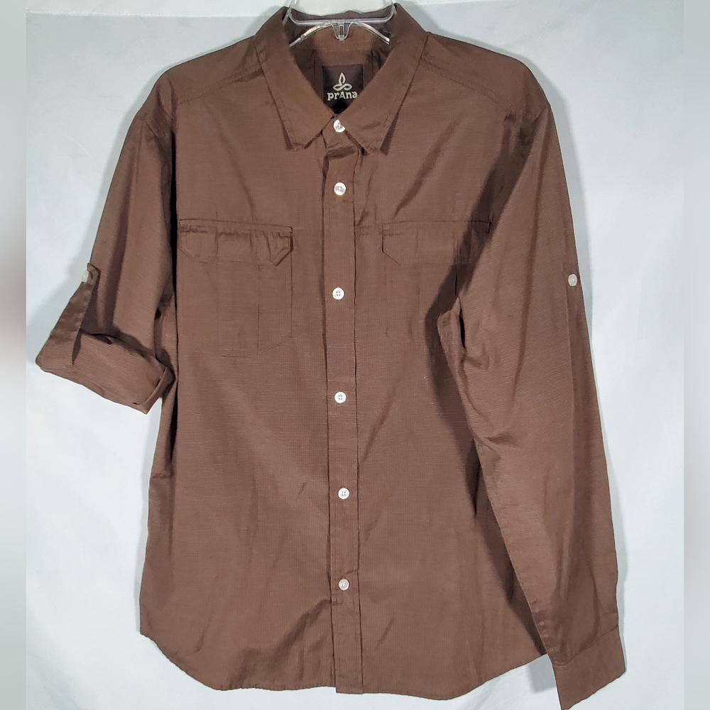 PRANA BROWN BREATHE COTTON CONVERTIBLE SLEEVES BUTTON UP LONG SLEEVE SHIRT